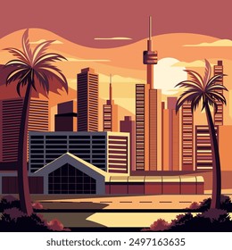 The city on the background of sunset. Vintage tropical urban landscape. Flat image in pin-up style. A template for the design of posters, souvenirs and games.