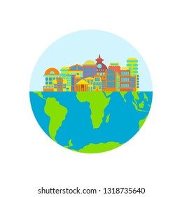 City on Earth planet. Buildings and houses on surface of earth
