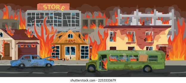 City on fire horizontal background depicting flames burst out of windows of broken houses flat vector illustration