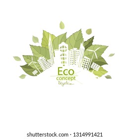 The city on the globe. Ecology concept. Environmentally friendly world. Creative drawing on global environment with happy family stories. Info graphics. Icon. Logo. Vector illustration. 