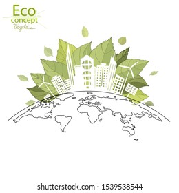 The city on the globe. Ecology concept. Environmentally friendly world. Creative drawing on global environment with happy family stories. Info graphics. Icon. Logo. Vector illustration. doodle.