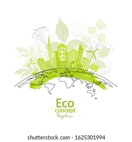 The city on the globe. Ecology concept. Go green. Environmentally friendly world. Creative drawing on global environment with happy family stories. Icon. Logo. Vector illustration. doodle.