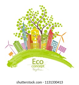 The city on the globe. Environmentally friendly world. Illustration of ecology the concept of info graphics. Recycling. Simple minimalistic style. Simple illustrated illustration for printing. Vector 