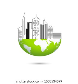 The city on the globe. Environmentally friendly world. Illustration of ecology the concept of info graphics. Icon. Simple modern minimalistic style. Simple illustrated illustration for printing.Doodle