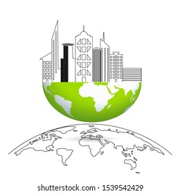 The city on the globe. Environmentally friendly world. Illustration of ecology the concept of info graphics. Icon. Simple modern minimalistic style. Simple illustrated illustration for printing.Doodle