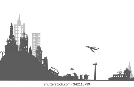 City on the hills, illustration with plane taking off