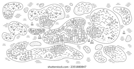 City on the island map. Editable outline sketch. Vector line illustration.