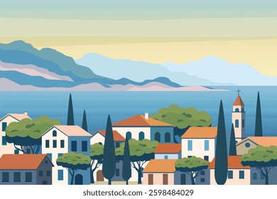 City on the Mediterranean coast with stunning views of the water and mountains. Old European seaside town. Vacation, summer travel. Beautiful vector illustration.
