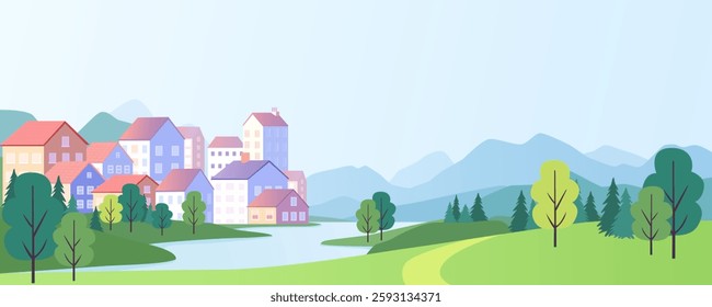 City on the river against the backdrop of forest and mountains. Eco-friendly city among nature, river, forests, trees and mountains. Eco city. Cityscape and nature. Vector illustration.