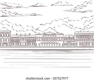 City on the river. Embankment in Saint Petersburg. Neva River. Hand drawn vector illustration.