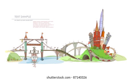 City on the river illustration