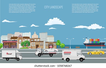 City on seaside landscape with cargo ship on the sea.