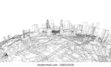City on small planet. Vector rendering of 3d. Wire-frame style. The layers of visible and invisible lines are separated