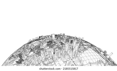 Ciudad en pequeño planeta. Representación vectorial de 3d. Estilo de marco de cables. Las capas de líneas visibles e invisibles están separadas