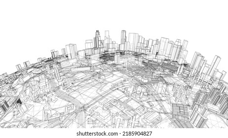 City on small planet. Vector rendering of 3d. Wire-frame style. The layers of visible and invisible lines are separated