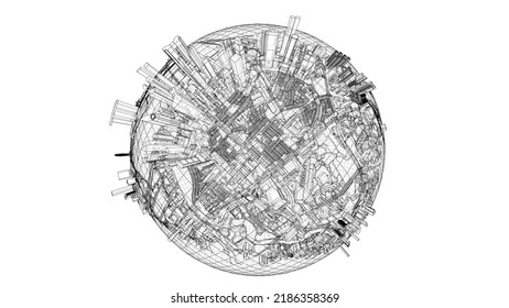 City on small planet. Vector rendering of 3d. Wire-frame style. The layers of visible and invisible lines are separated