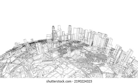 Stadt auf dem kleinen Planeten. Vektorgrafik von 3d. Wire-Frame-Stil. Die Schichten sichtbarer und unsichtbarer Linien sind getrennt