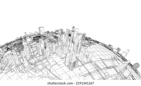 Stadt auf dem kleinen Planeten. Vektorgrafik von 3d. Wire-Frame-Stil. Die Schichten sichtbarer und unsichtbarer Linien sind getrennt