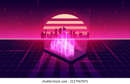 City on Smartphone of  Retro Sci-Fi Background Futuristic Grid landscape , 90's . Horizontal matrix grid in space with stars in the background.