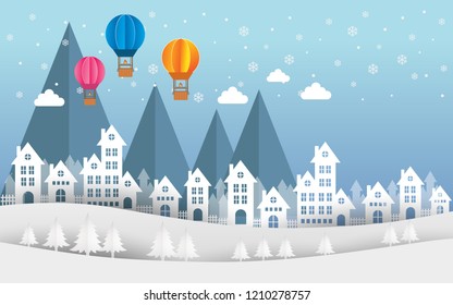 The city on snow white and Mountain View, air balloon, blue sky. Vector illustration