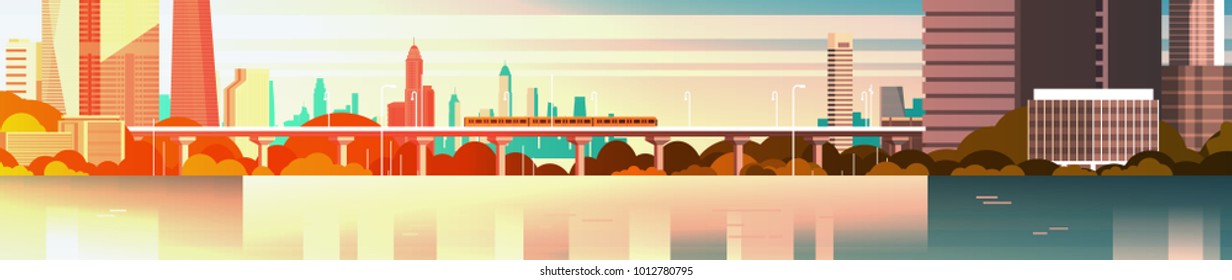 City On Sunset Urban Panorama With High Skyscrapers And Subway Cityscape Over River Background Horizontal Banner Flat Vector Illustration