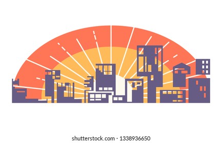 City on the sunset vector illustration. City symbol. 