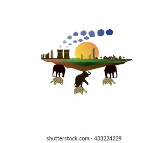 City on a turtle and elephants.