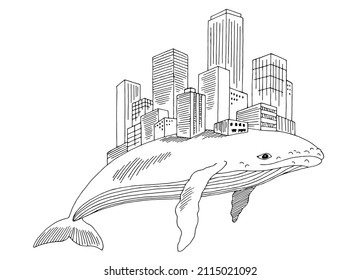 City on the whale graphic black white cityscape isolated sketch illustration vector 