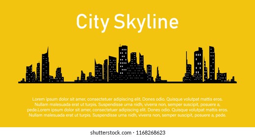 City on a yellow background. City Skyline. Place for your text. The silhouette of the city in a flat style.