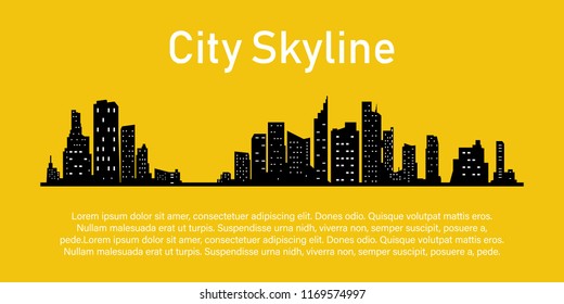 City on a yellow background. City Skyline. Place for your text. The silhouette of the city in a flat style.