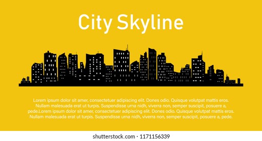 City on a yellow background. City Skyline. Place for your text. The silhouette of the city in a flat style.