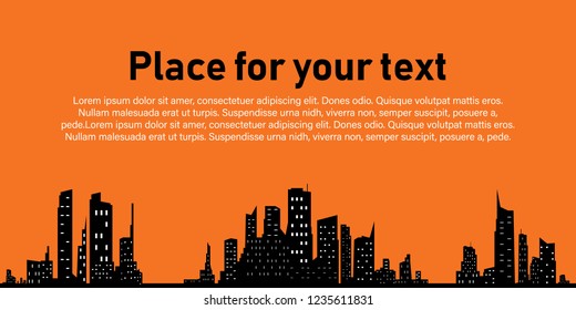 City on a yellow background. City Skyline. Place for your text. The silhouette of the city in a flat style.