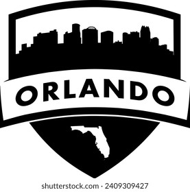 City of Orlando Florida black and white shield style city buildings silhouette shield graphic with knockout white outline of the state border shape under name. Vector eps design. 