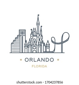 City Orlando, state of Florida. Line icon of famous and largest city of USA. Outline icon for web, mobile and infographics. Landmarks and famous building. Vector illustration, white isolated. 