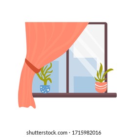 City out the window in  flat style isolated on white background. Vector illustration with house plant at windowsill.