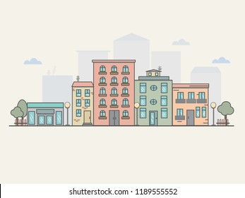 City outdoor day landscape house and street buildings outdoor cityspace disign vector illustration modern flat background.