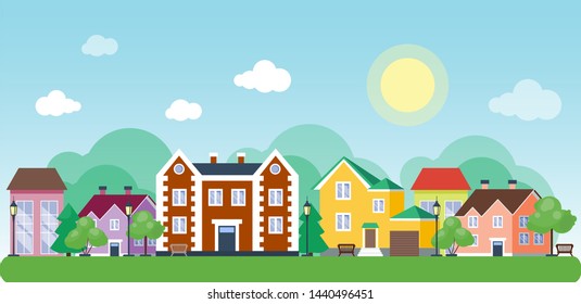 City outdoor day landscape house and street buildings outdoor cityspace disign vector illustration modern flat background