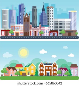 City outdoor day landscape house street buildings outdoor disign vector illustration modern flat background