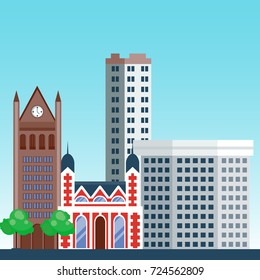 City outdoor day landscape house and street buildings outdoor cityspace disign vector illustration modern flat background