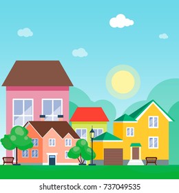 City outdoor day landscape house and street buildings outdoor cityspace disign vector illustration modern flat background