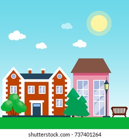 City outdoor day landscape house and street buildings outdoor cityspace disign vector illustration modern flat background