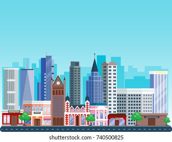 City outdoor day landscape house and street buildings outdoor cityspace disign vector illustration modern flat background