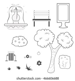City and outdoor elements (Black and white).Vector city street urban elements icon set. Parks, alleys, streets and sidewalks decoration elements.For construction of city, park and outdoor landscapes.