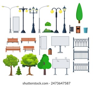 City and outdoor elements. Lamppost and container, bush and signboards. Vector illustration in flat style