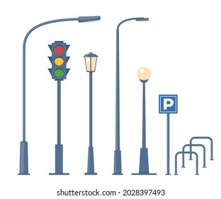 City and outdoor elements. Set of urban objects. Street lamps, traffic light, bike parking. Vector illustration