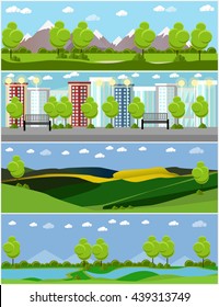 City and outdoor landscape. Vector illustration in flat style design. Countryside nature with tree, mountains, river.