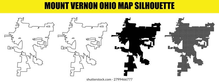 City outline map of Mount Vernon, Ohio. Collection of four graphical representations: solid white, black outline, solid black, and dotted silhouette. Perfect for geographic data.