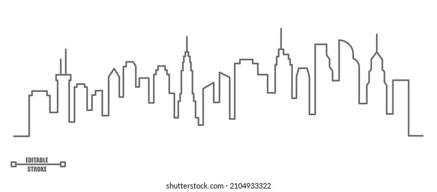 City outline panoramic landscape. Continuous one line buildings drawing. Skyscrapers silhouette. Minimalistic vector editable illustration. EPS 10