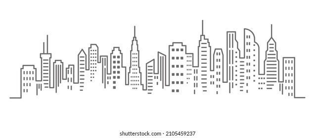 El paisaje panorámico de la ciudad. Dibujo continuo de edificios de una línea. Silueta de rascacielos. Ilustración vectorial minimalista. EPS 10