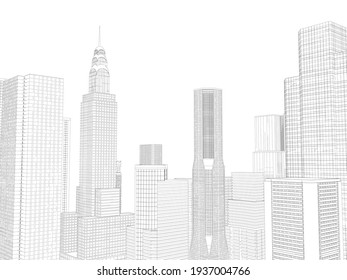 City outline with skyscrapers from black lines isolated on white background. 3D. Vector illustration